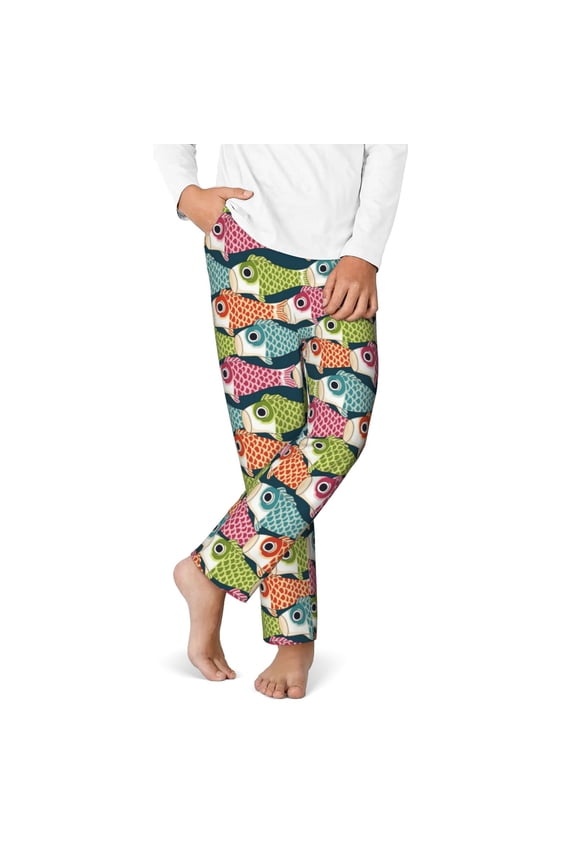 Lantern Koi Fish Print Youth Home Trousers, Elastic Waistband with Pockets for Home and Outing, Suitable for Children Aged 5-16-XS(5-6)