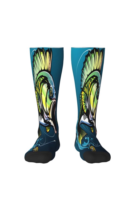 Largemouth Bass Fish Print Contrast Color Stockings, Elastic Sports Socks Warm Socks Clothing Accessories, Adult Unisex
