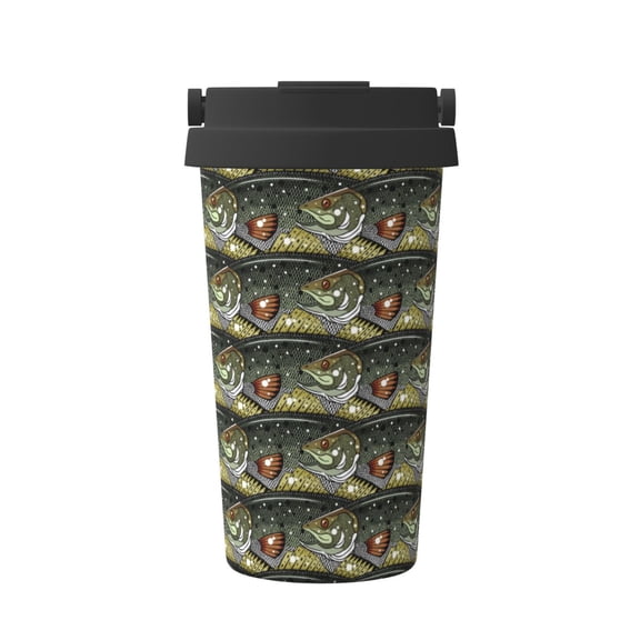 Gukieu Largemouth Bass Fish Print Insulated Coffee Cup, Portable Stainless Steel Vacuum Cup with Lid, Unisex, Suitable for Office, Cafe, Car