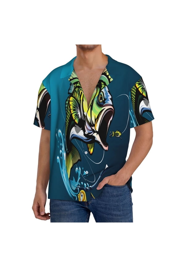 Largemouth Bass Fish Print Men's Short-sleeved Shirts, Button-down Pocket Shirts, T-shirts, Beach Vacation Travel Summer Clothing-Large