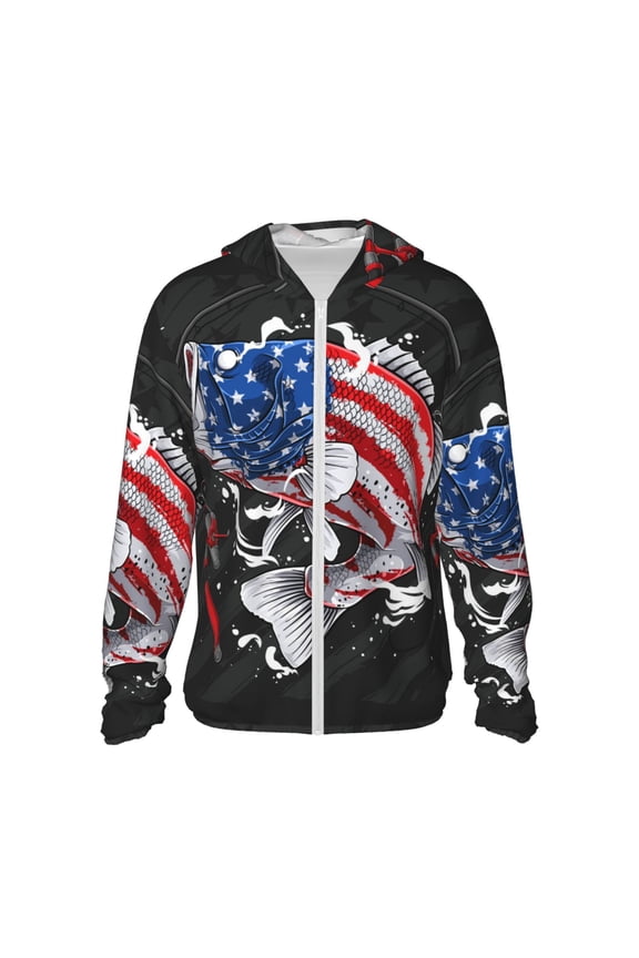 Largemouth Bass Fish in USA Print Sun Protection Hoodies for Men and Women, Zippered Long-sleeved Quick-drying UV Protection Shirts, Suitable for Sports, Swimming, Fishing-XX-Large