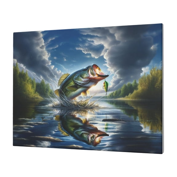 Gukieu Largemouth Bass Jumping Out of The Water Print Horizontal Canvas Decorative Painting 12x16 Inch Shrinkage Resistant Frame Hanging Home Wall Art Decor