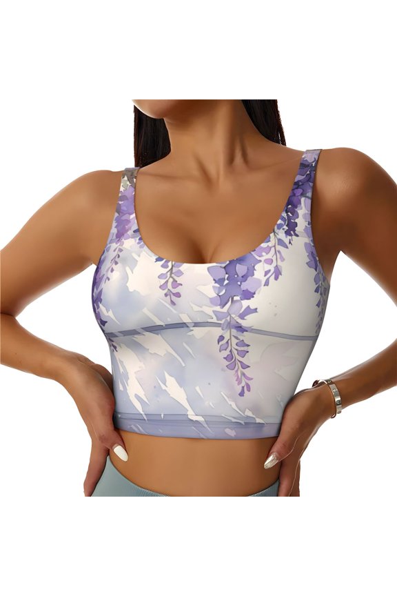 Lavender Blooms Window Print Women's Sports Vest, Low-neck U-shaped Removable Pad Sports Bra for Yoga, Exercise, Dance-X-Large