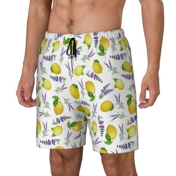 Gukieu Lavender Flowers Print Men's Double Layer Sports Swim Trunks, Quick Dry Adjustable Waist Swim Shorts Swimwear-Large