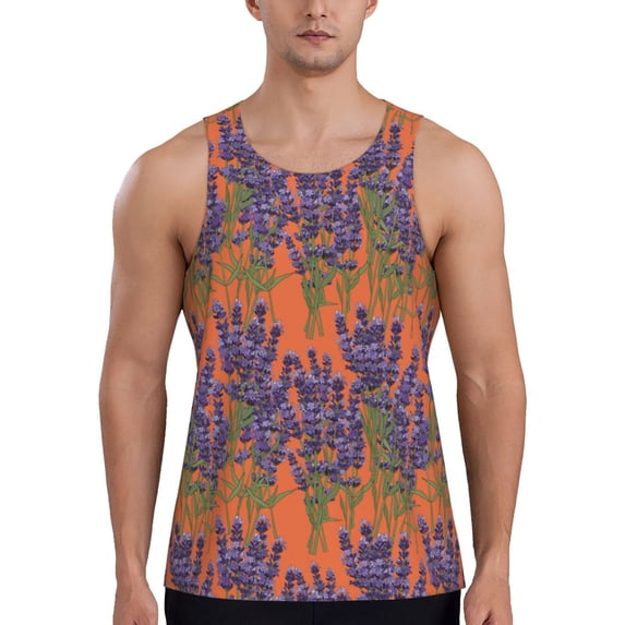 Gukieu Lavender Flowers Print Men's Quick Dry Fitness Vest, Round Neck Sleeveless Fitness Bodybuilding Top-XX-Large