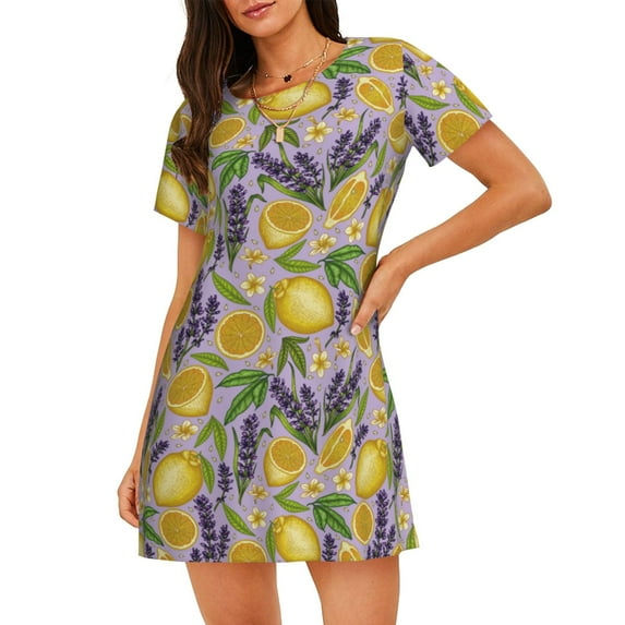 Gukieu Lavender Flowers Print Women's Nightgown, A-line Round Neck Short-sleeved Nightgown Pajamas Home Wear Suitable for Home and Outing