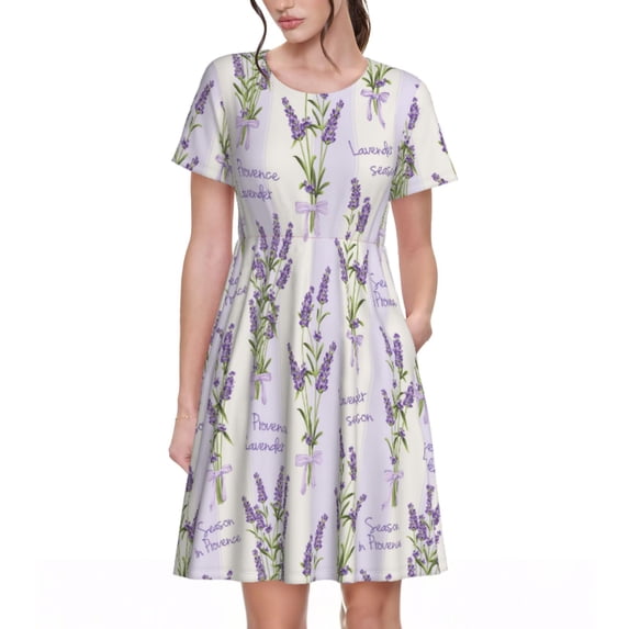 Gukieu Lavender Flowers Print Women's Short Sleeve Dress, Elastic Waistband A-line with Pockets Summer Dress, Suitable for Daily Leisure, Work, Vacation