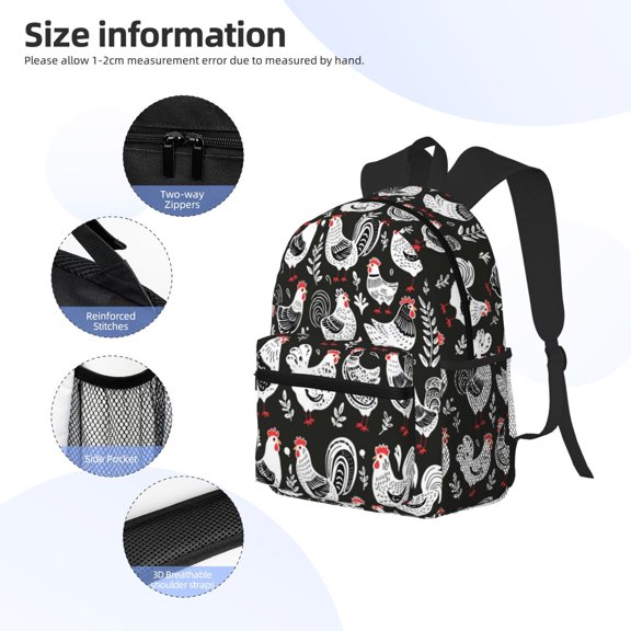 Gukieu Laying Hens And Roosters Print Backpack, Waterproof Backpack with Adjustable Shoulder Straps, Suitable for Campus, Business, Travel, Unisex