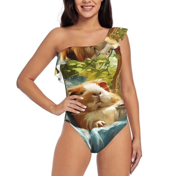 Gukieu Lazy Home Style Guinea Pig Print One-shoulder Ruffled One-piece Swimsuit with Removable Chest Pads and Tummy-control Swimsuit for Women-X-Large