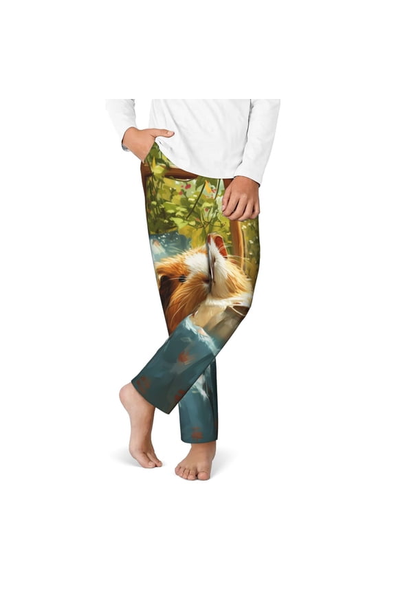 Lazy Home Style Guinea Pig Print Youth Home Trousers, Elastic Waistband with Pockets for Home and Outing, Suitable for Children Aged 5-16-Large