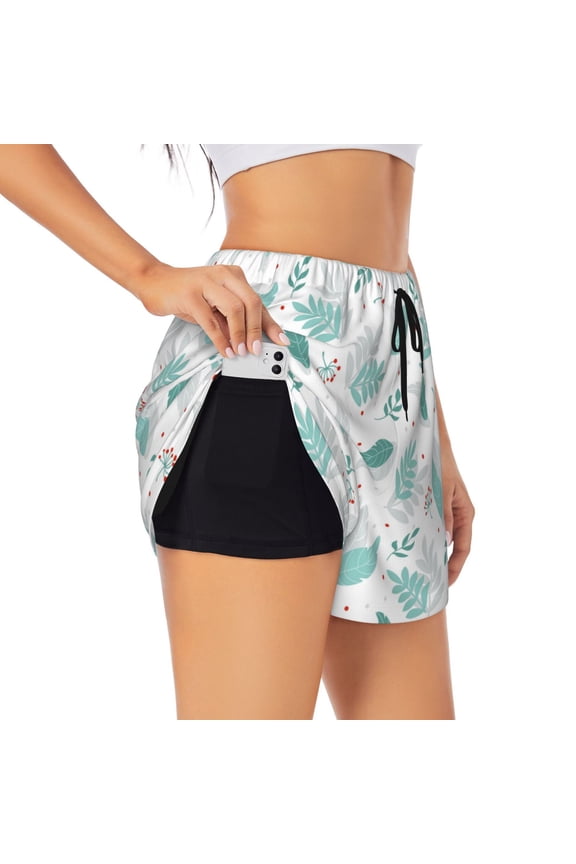 Leaf Print Green Print Women's Sports Shorts with Drawstring Elastic Waistband for Running, Yoga, Fitness-Medium