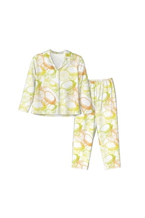 Lemon Potatoes Print Women's Long Sleeve Pajama Set, Button Top Elastic Pocket Pajama Pants Two Piece Set Home Wear-Small