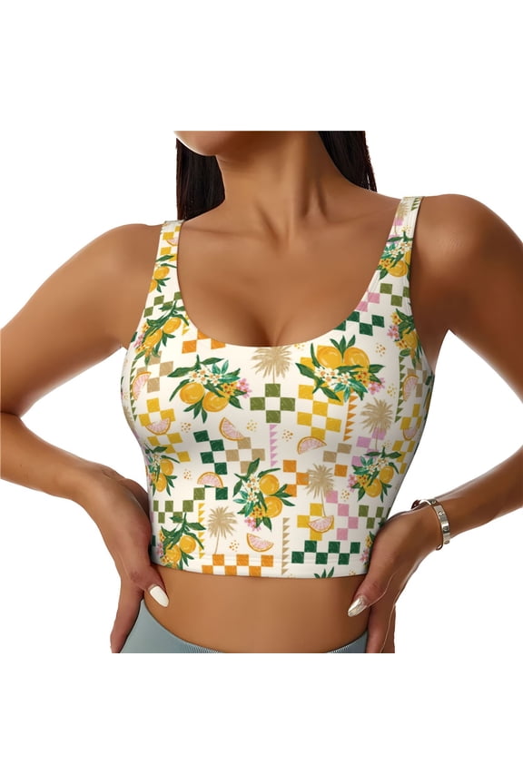 Lemon Print Women's Sports Vest, Low-neck U-shaped Removable Pad Sports Bra for Yoga, Exercise, Dance-