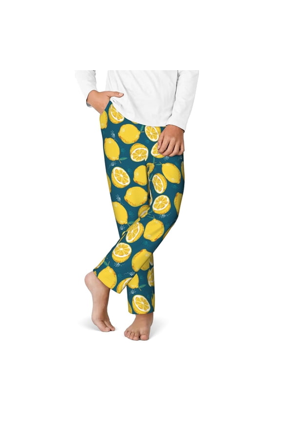 Lemon Print Youth Home Trousers, Elastic Waistband with Pockets for Home and Outing, Suitable for Children Aged 5-16-Large