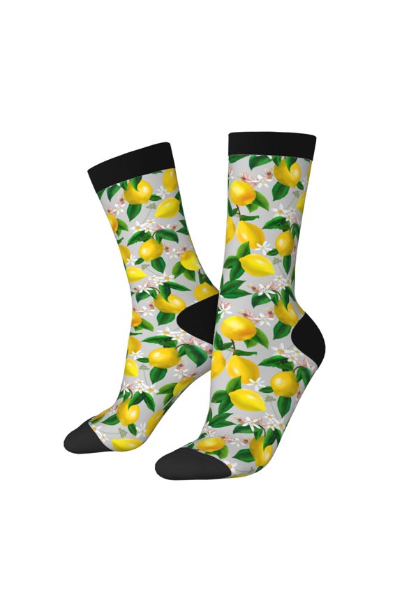 Lemon Seamless Pattern Oil Painting Effect Print Contrast Color Mid-calf Socks, Sweat-wicking Athletic Socks, Unisex Clothing Accessories