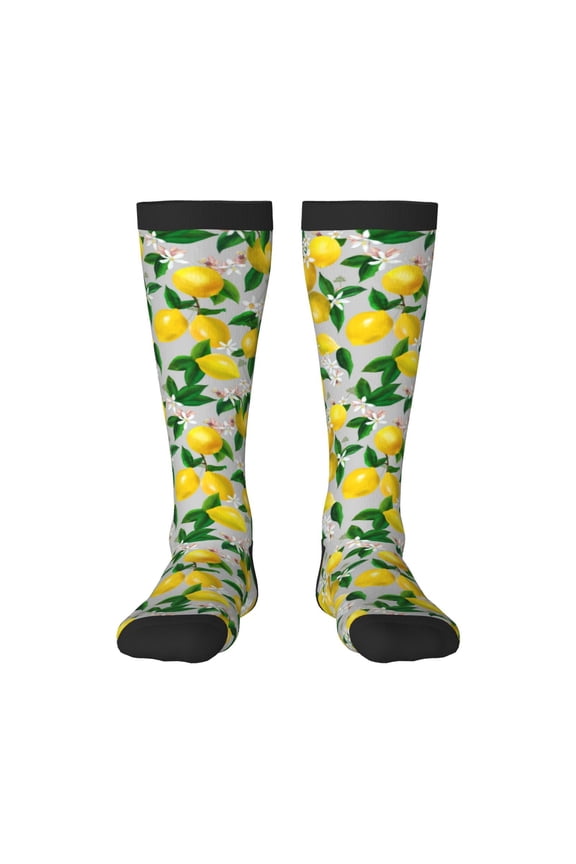 Lemon Seamless Pattern Oil Painting Effect Print Contrast Color Stockings, Elastic Sports Socks Warm Socks Clothing Accessories, Adult Unisex