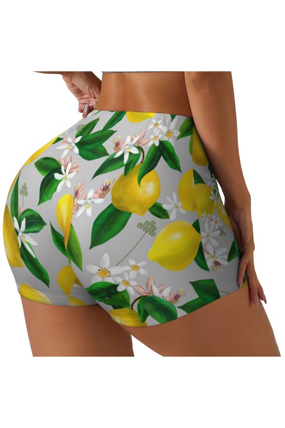 Lemon Seamless Pattern Oil Painting Effect Print Women's Sports Shorts, Elastic Waist High Stretch Running Yoga Gym Sweatpants-X-Large