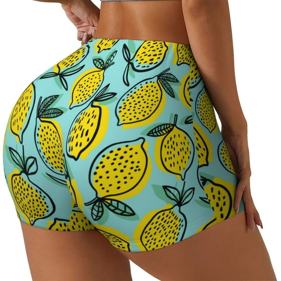 Gukieu Lemon1 Print Women's Sports Shorts, Elastic Waist High Stretch Running Yoga Gym Sweatpants-Small
