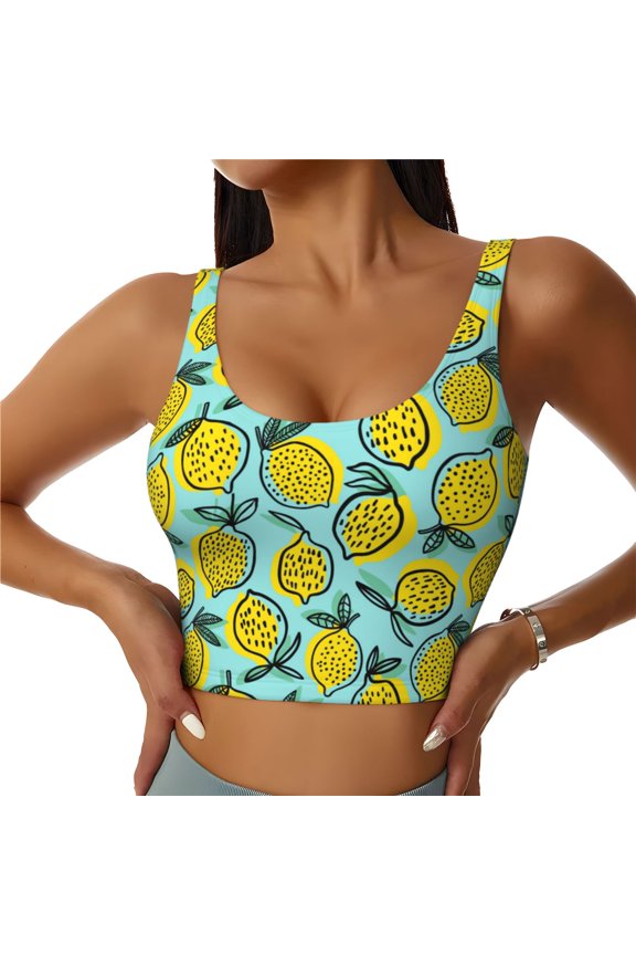 Lemon1 Print Women's Sports Vest, Low-neck U-shaped Removable Pad Sports Bra for Yoga, Exercise, Dance-