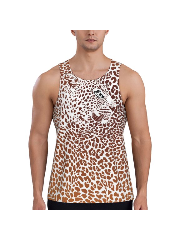 Leopard Brown Print Men's Quick Dry Fitness Vest, Round Neck Sleeveless Fitness Bodybuilding Top-4X-Large