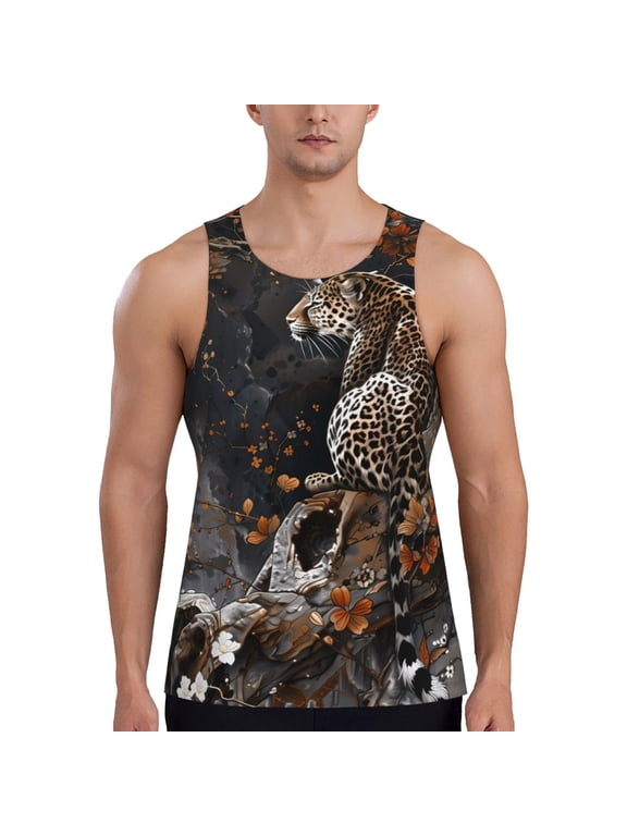 Leopard On Tree Branch Print Men's Quick Dry Fitness Vest, Round Neck Sleeveless Fitness Bodybuilding Top-XX-Large
