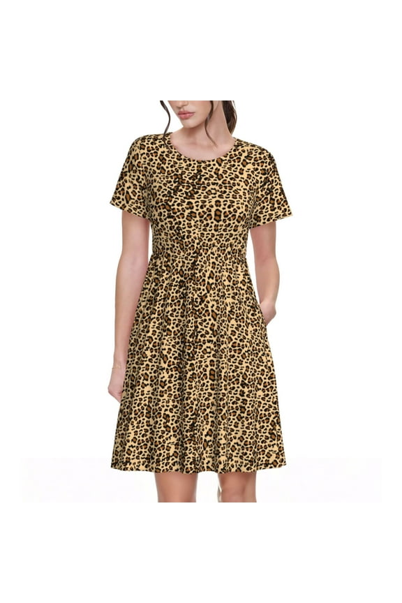 Leopard Print Brown Print Women's Short Sleeve Dress, Elastic Waistband A-line with Pockets Summer Dress, Suitable for Daily Leisure, Work, Vacation