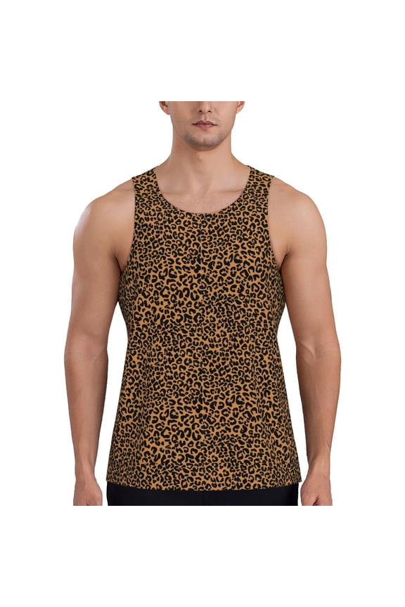 Leopard Print Men's Quick Dry Fitness Vest, Round Neck Sleeveless Fitness Bodybuilding Top-Large
