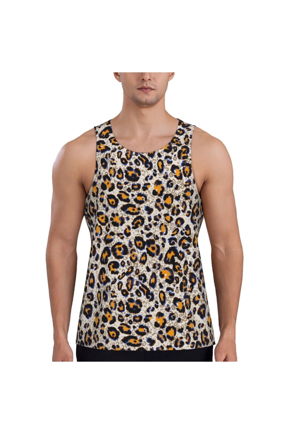 Leopard Print Men's Quick Dry Fitness Vest, Round Neck Sleeveless Fitness Bodybuilding Top-