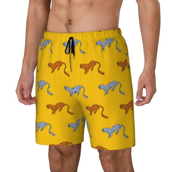 Gukieu Leopard Print Print Men's Double Layer Sports Swim Trunks, Quick Dry Adjustable Waist Swim Shorts Swimwear-Large