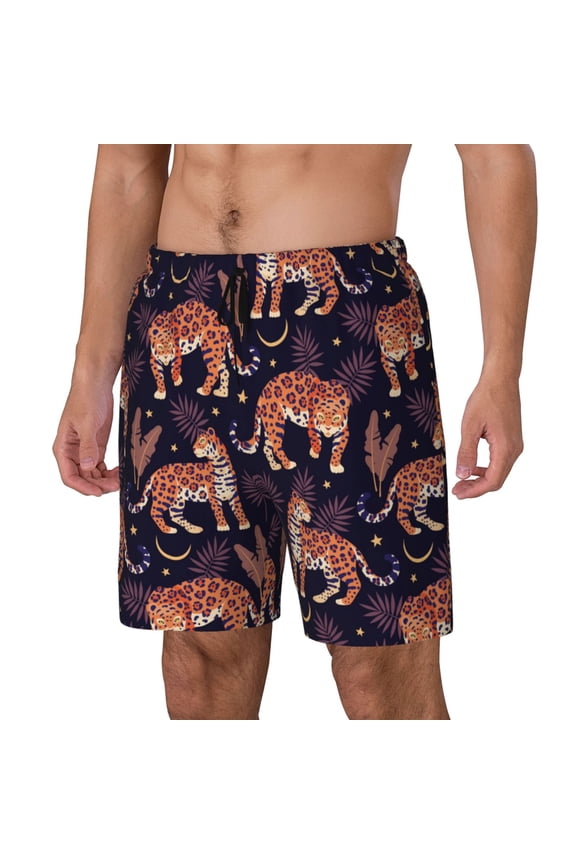 Leopard Print Print Men's Double Layer Sports Swim Trunks, Quick Dry Adjustable Waist Swim Shorts Swimwear-Medium