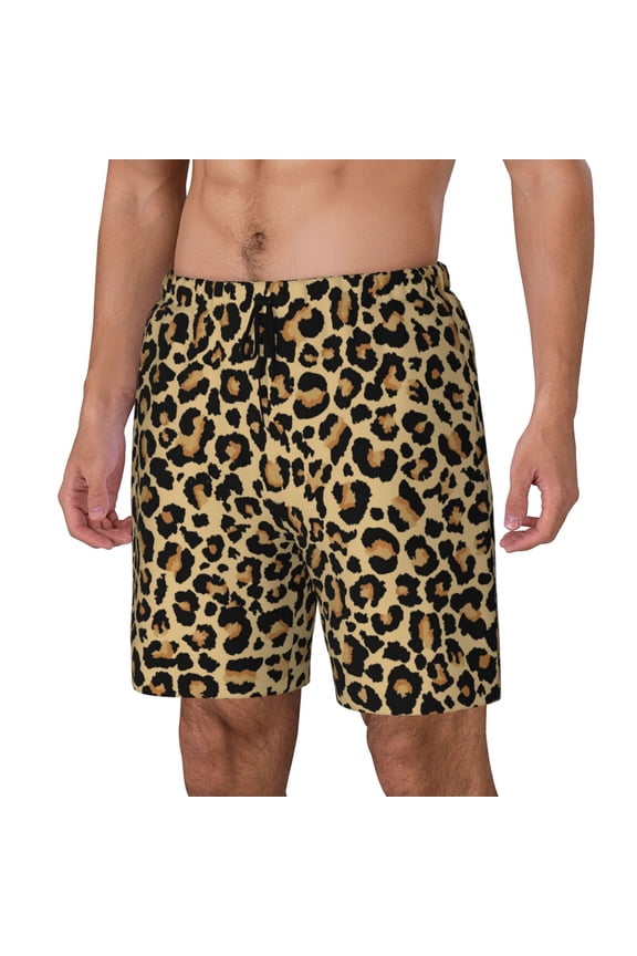 Leopard Print Print Men's Double Layer Sports Swim Trunks, Quick Dry Adjustable Waist Swim Shorts Swimwear-Medium