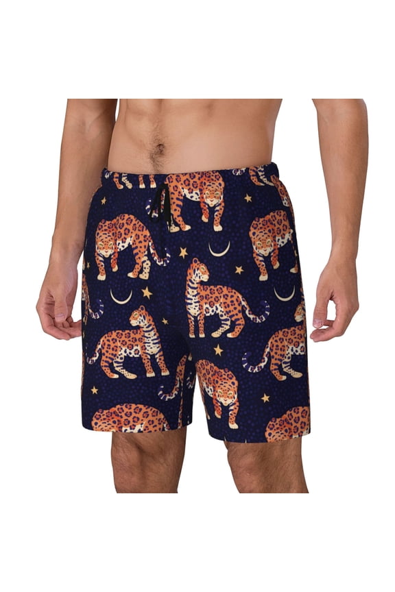 Leopard Print Print Men's Double Layer Sports Swim Trunks, Quick Dry Adjustable Waist Swim Shorts Swimwear-Small