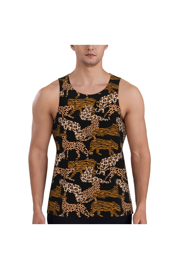 Leopard Print Print Men's Quick Dry Fitness Vest, Round Neck Sleeveless Fitness Bodybuilding Top-4X-Large