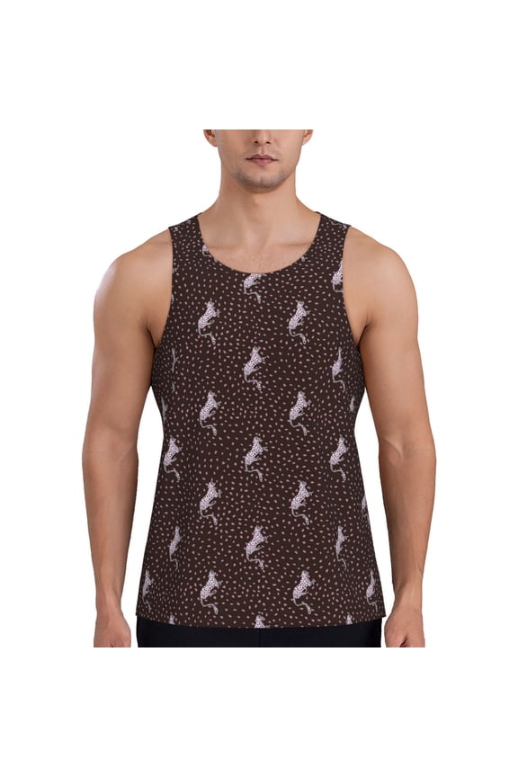 Leopard Print Print Men's Quick Dry Fitness Vest, Round Neck Sleeveless Fitness Bodybuilding Top-Large