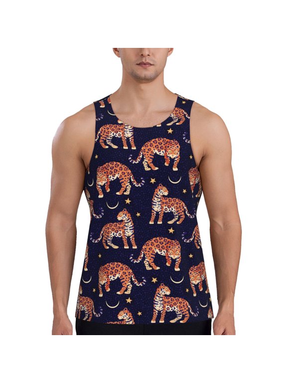 Leopard Print Print Men's Quick Dry Fitness Vest, Round Neck Sleeveless Fitness Bodybuilding Top-Large