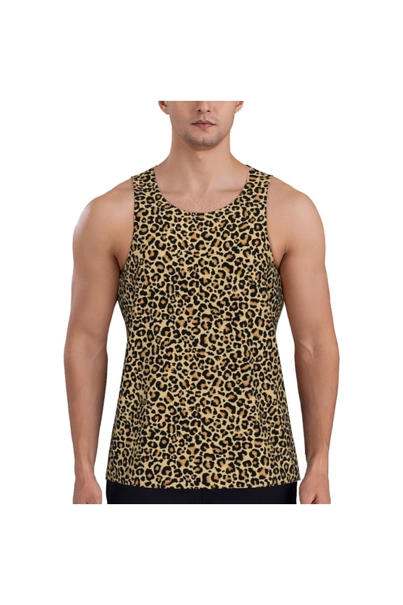 Leopard Print Print Men's Quick Dry Fitness Vest, Round Neck Sleeveless Fitness Bodybuilding Top-Medium