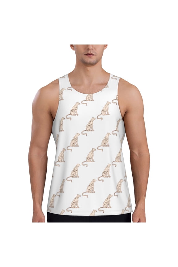 Leopard Print Print Men's Quick Dry Fitness Vest, Round Neck Sleeveless Fitness Bodybuilding Top-Medium