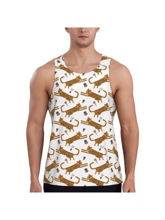 Leopard Print Print Men's Quick Dry Fitness Vest, Round Neck Sleeveless Fitness Bodybuilding Top-Small