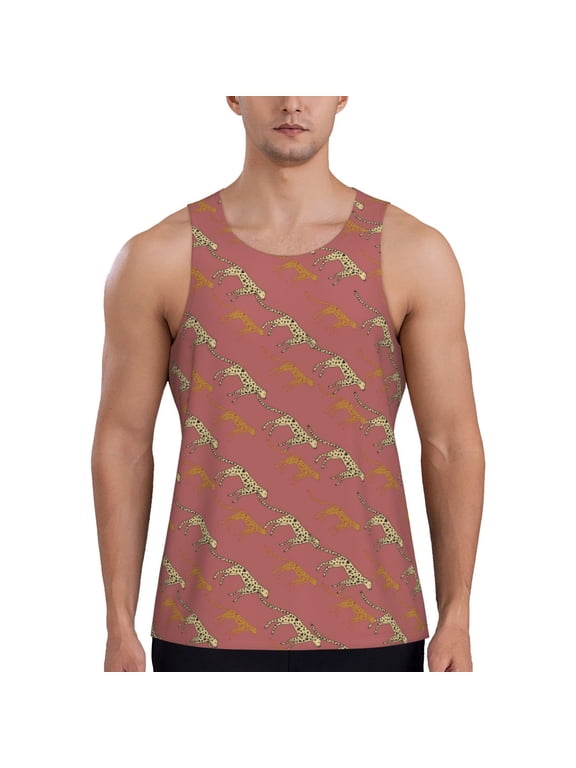 Leopard Print Print Men's Quick Dry Fitness Vest, Round Neck Sleeveless Fitness Bodybuilding Top-Small