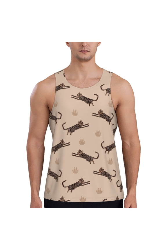 Leopard Print Print Men's Quick Dry Fitness Vest, Round Neck Sleeveless Fitness Bodybuilding Top-Small
