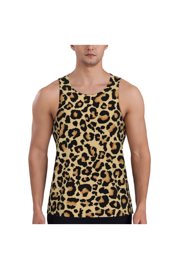Leopard Print Print Men's Quick Dry Fitness Vest, Round Neck Sleeveless Fitness Bodybuilding Top-X-Large