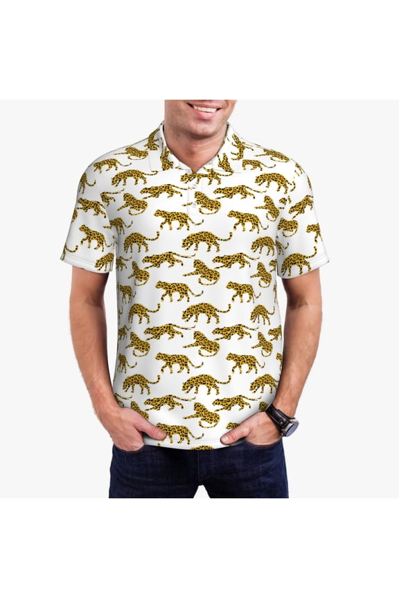 Leopard Print Print Men's Quick-drying POLO Shirt, Button-down Summer T-shirt, Suitable for Work and Outdoor Activities-Large