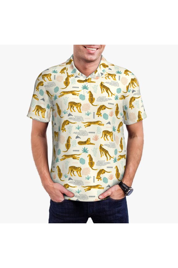 Leopard Print Print Men's Quick-drying POLO Shirt, Button-down Summer T-shirt, Suitable for Work and Outdoor Activities-Large