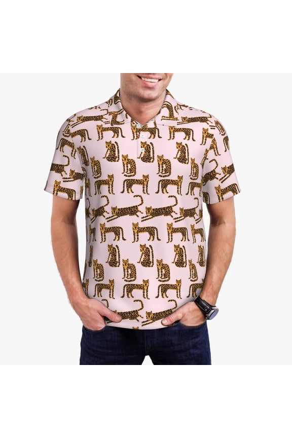 Leopard Print Print Men's Quick-drying POLO Shirt, Button-down Summer T-shirt, Suitable for Work and Outdoor Activities-Large