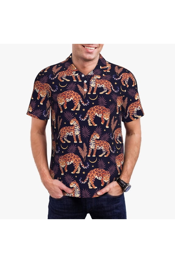 Leopard Print Print Men's Quick-drying POLO Shirt, Button-down Summer T-shirt, Suitable for Work and Outdoor Activities-Medium