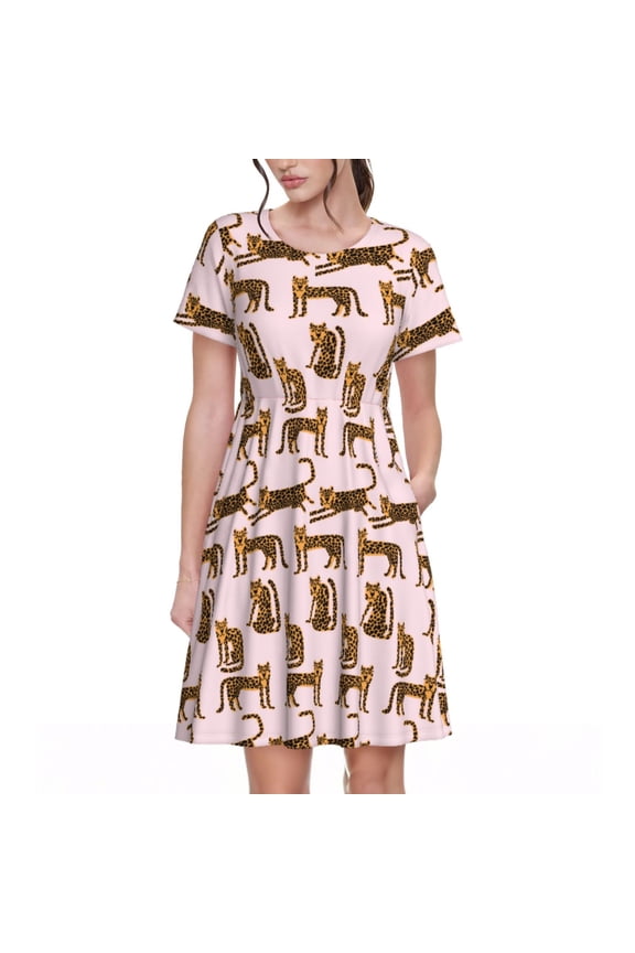 Leopard Print Print Women's Short Sleeve Dress, Elastic Waistband A-line with Pockets Summer Dress, Suitable for Daily Leisure, Work, Vacation