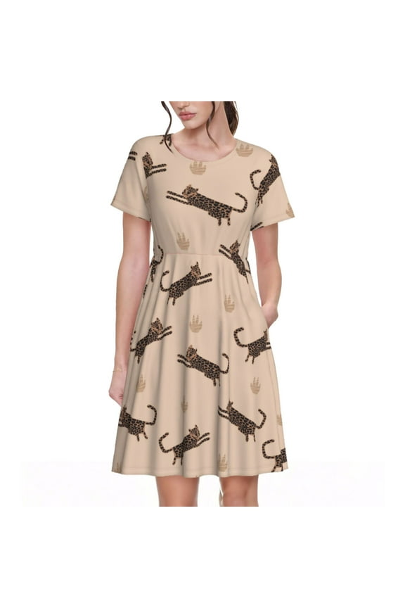 Leopard Print Print Women's Short Sleeve Dress, Elastic Waistband A-line with Pockets Summer Dress, Suitable for Daily Leisure, Work, Vacation