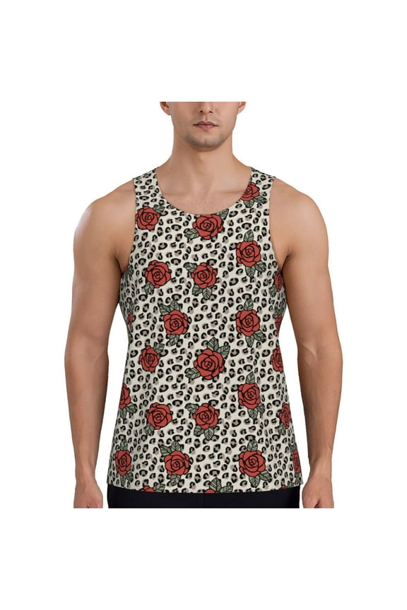 Leopard Print Rose Print Men's Quick Dry Fitness Vest, Round Neck Sleeveless Fitness Bodybuilding Top-Medium