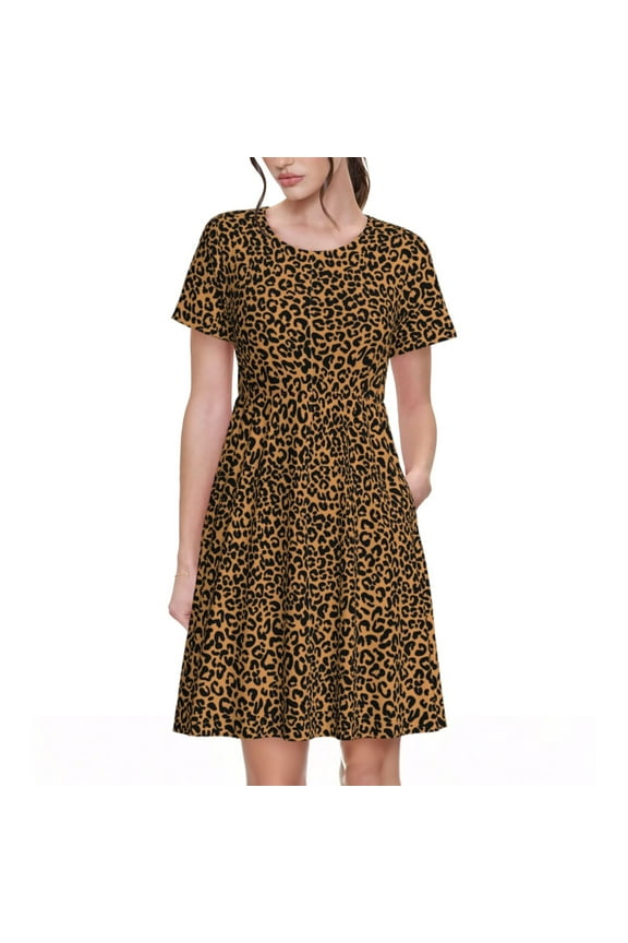 Leopard Print Women's Short Sleeve Dress, Elastic Waistband A-line with Pockets Summer Dress, Suitable for Daily Leisure, Work, Vacation