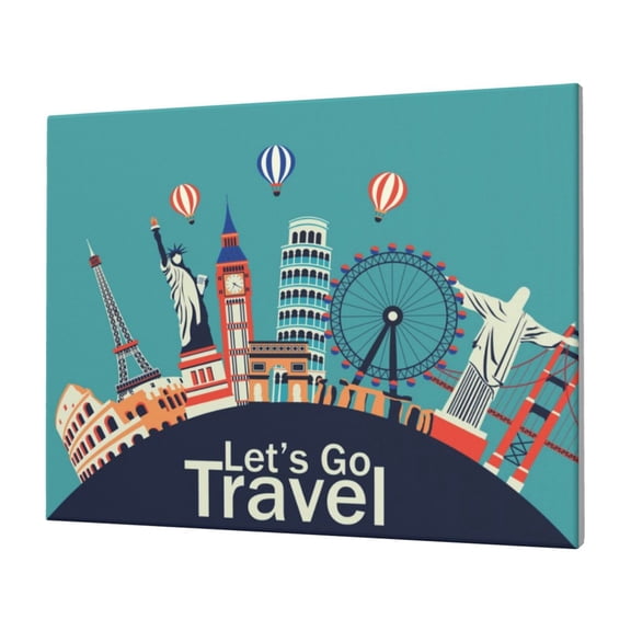 Gukieu Let's go Travel Print Horizontal Canvas Decorative Painting 12x16 Inch Shrinkage Resistant Frame Hanging Home Wall Art Decor